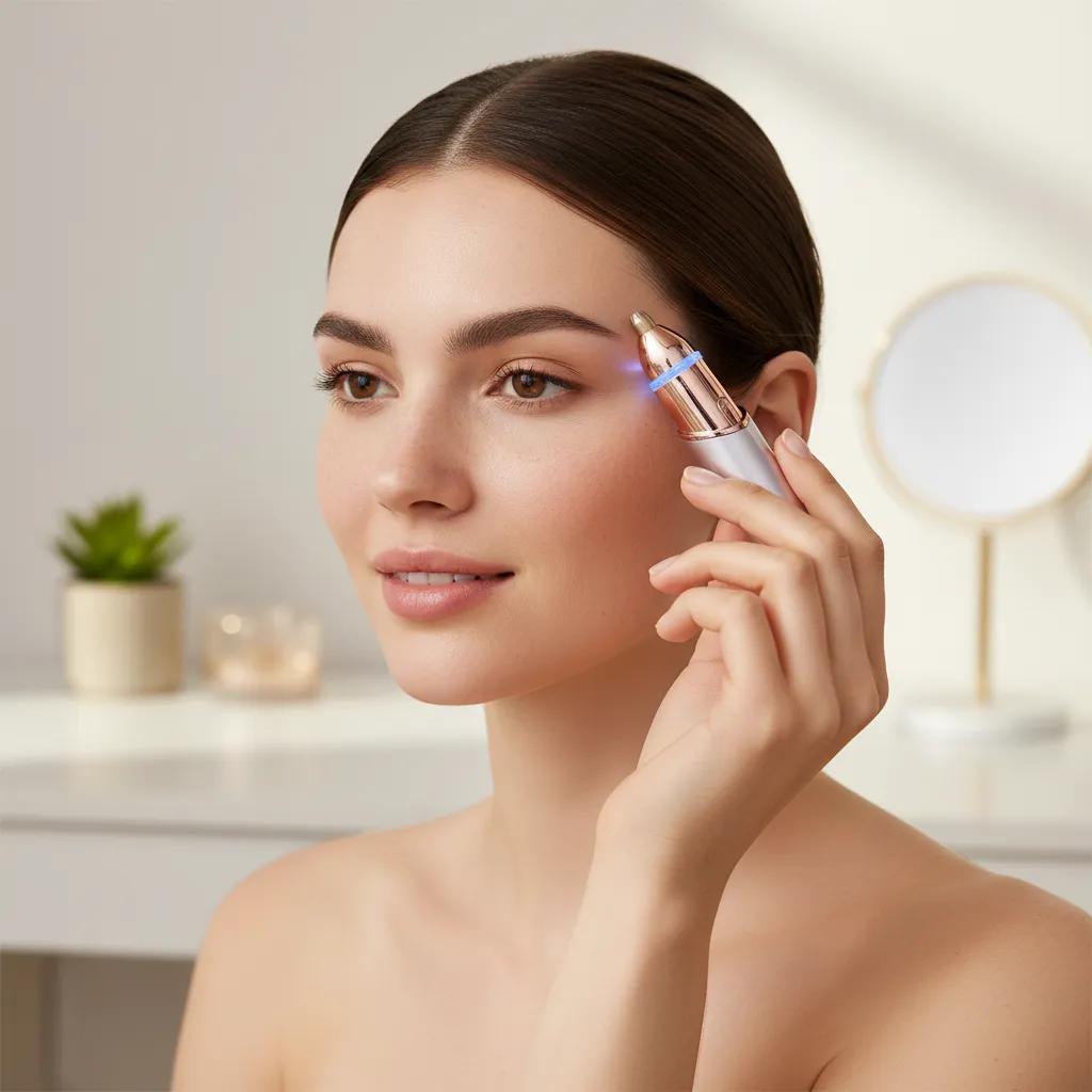 Mujer usando la depiladora facial OANVA con luz LED en el rostro