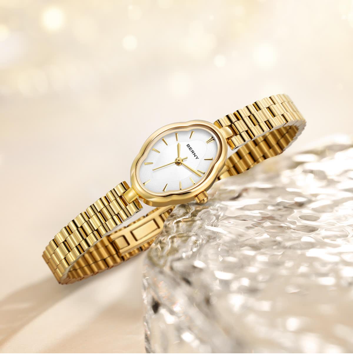 Brillo del acero dorado del reloj BERNY ovalado