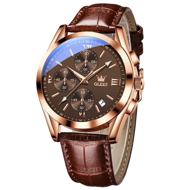Reloj OLEVS cronógrafo oro rosa con correa de cuero marrón